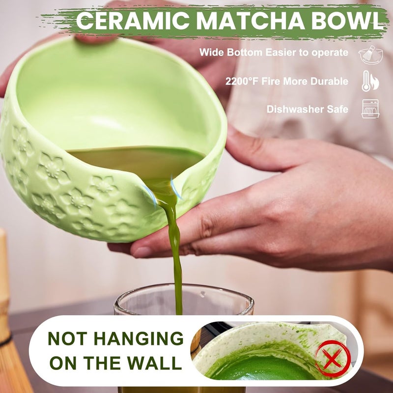 RANERANE Matcha Whisk Set, Sakura Green Ceramic Matcha Set Includes Matcha Bowl, Matcha Whisk (Chasen) and Holder, Sifter, Bamboo Scoop & Spoon - 6 Pcs Matcha Kit for Matcha Lovers - Image 4